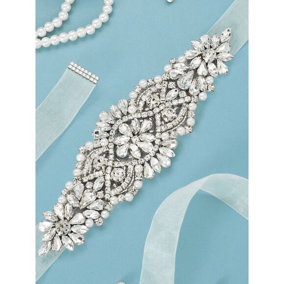 Rhinestone Beaded Wedding Bridal Prom Crystal Applique Sash Waist Belt NEW main image 4